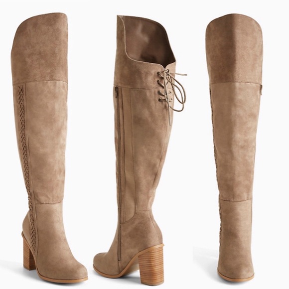 torrid Shoes - torrid Taupe Over-the-Knee Lace-Up Block Heel Boots
